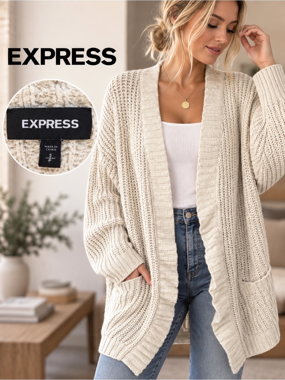 Express Cream Open-Knit Ribbed Cardigan with Pockets